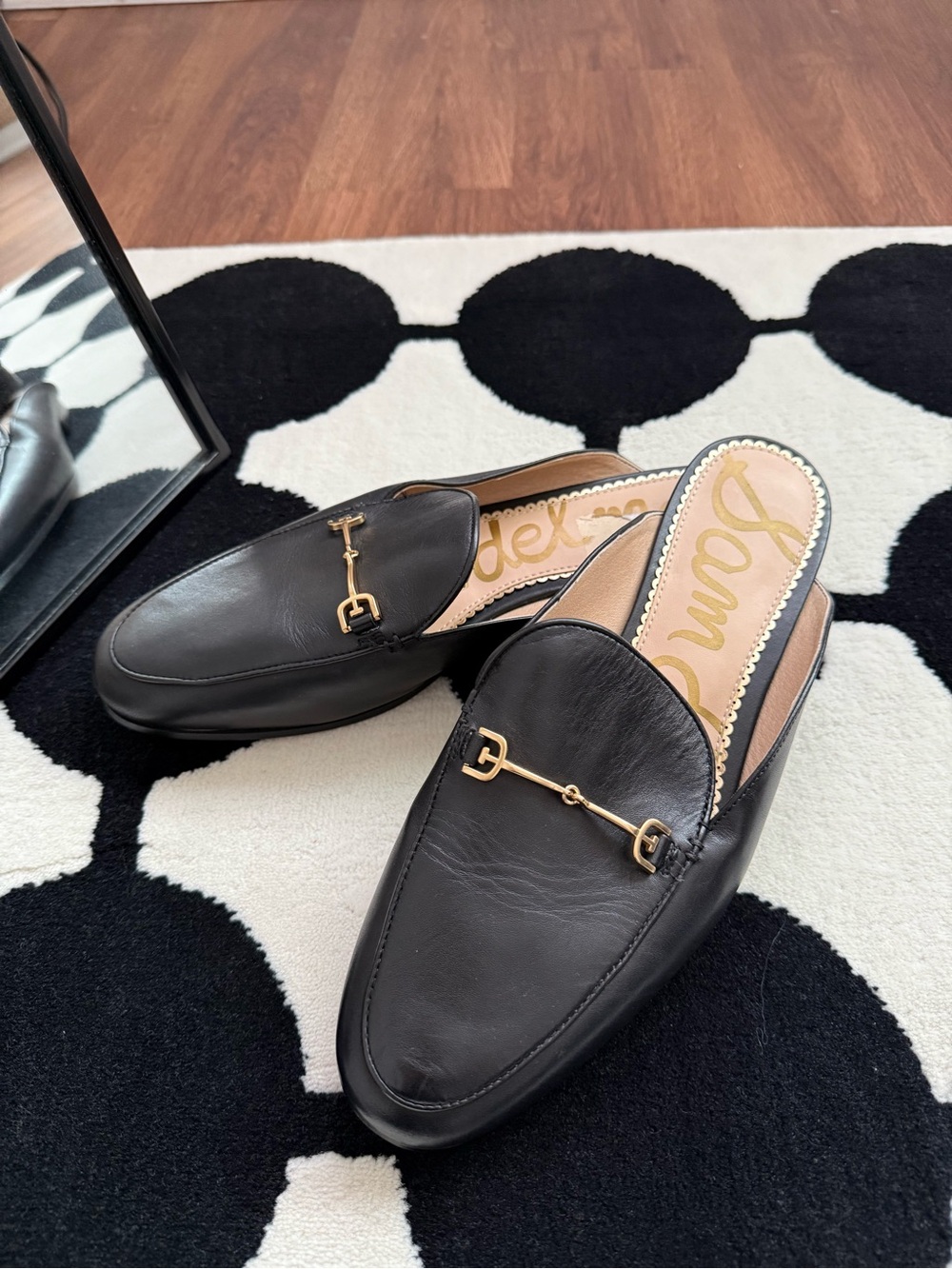 Sam Edelman Black Leather Slip-On Loafers with Gold Bit